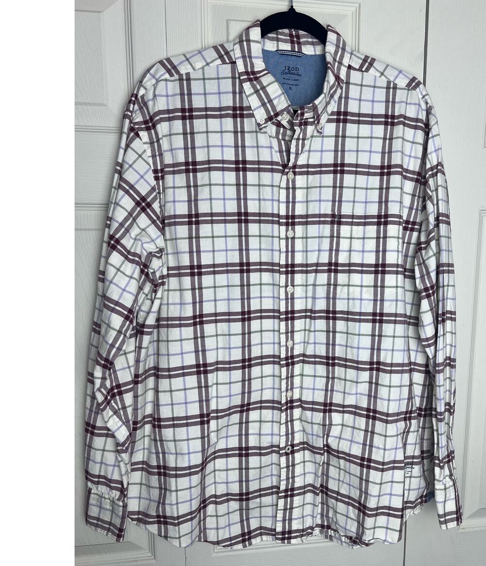 Izod Saltwater Relaxed Classic Men's Long Sleeve Plaid Button Down Shirt Size XL